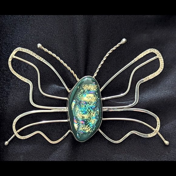 Rula Glass Jewelry - Lg BUTTERFLY Iridescent Green Dichroic RULA GLASS 925 Sterling Silver PIN Brooch